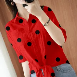 Oversized vintage impresso polka dot lapela botão bandagem arco chiffon camisa verão novo comute topos solto casual mulher blusas