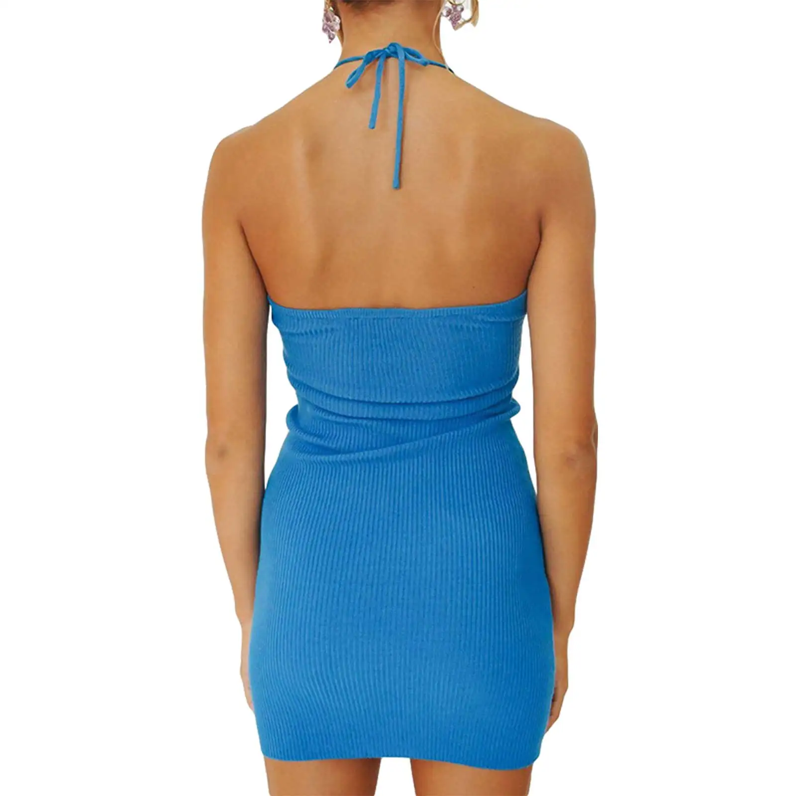 2024 Beach Style Halter Knitted Tight Dress Women's Off Back Off Shoulder Summer Blue Orange Sexy Mini Dress Birthday Party