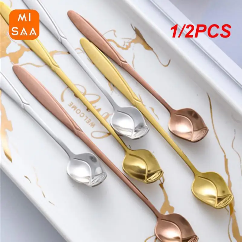 1/2PCS Long Handle Small Spoon Not Fade Mirror Polishing Creative Rose Modeling Household Supplies Coffee Stirring Spoons