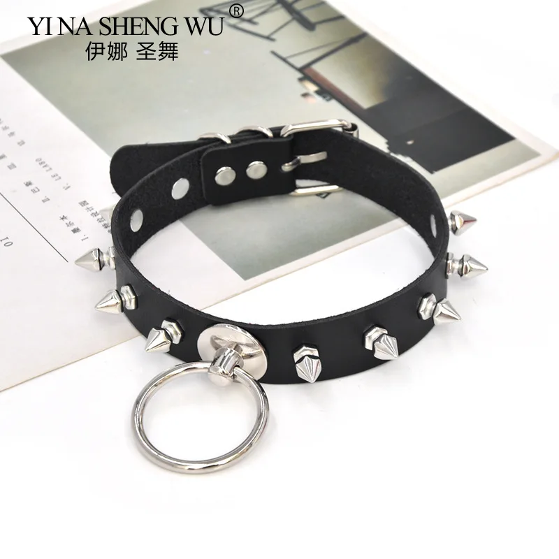 Leather Rivet Collar Personality Exaggerated European and American Style Round Ring Necklace Punk Gothic Rock Neck Sleeve