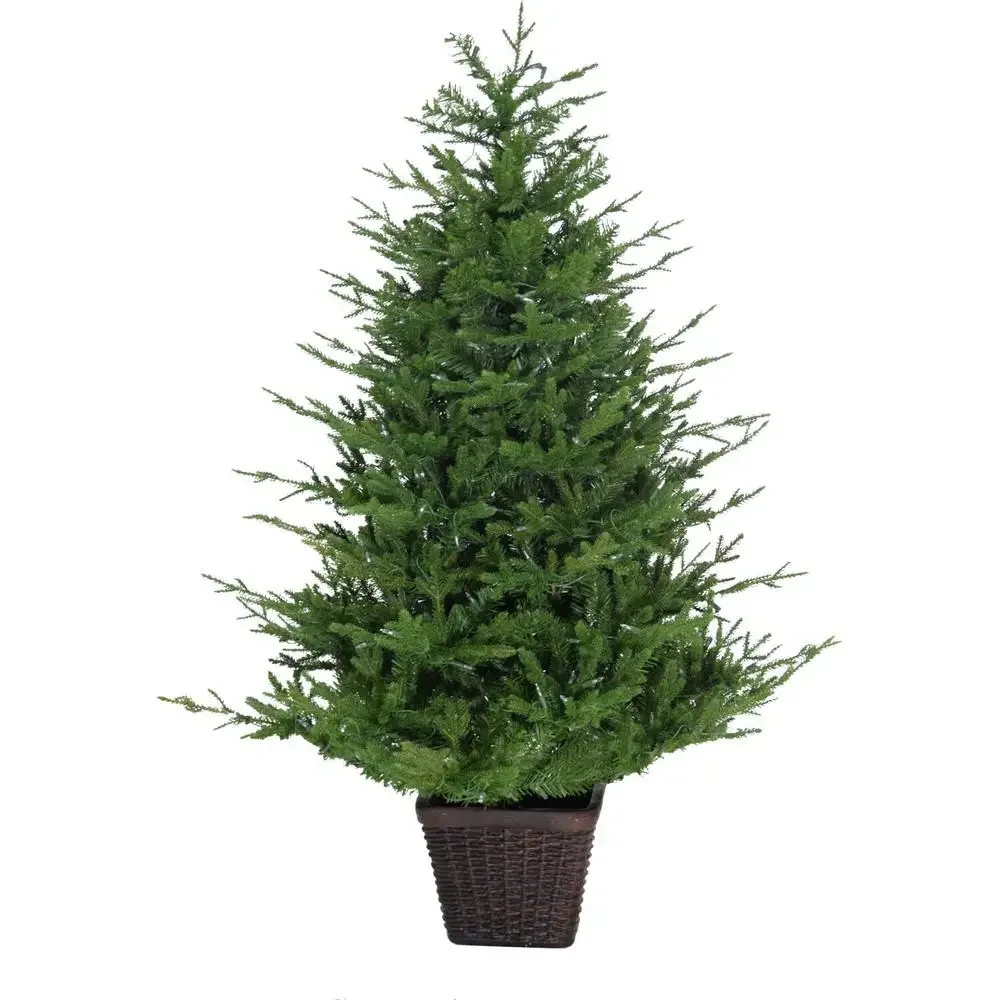 Adirondack Potted Christmas Tree 5-Ft Pre Lit Warm White LED Lights PVC Indoor Outdoor Holiday Decor Easy Setup Maintenance-Free