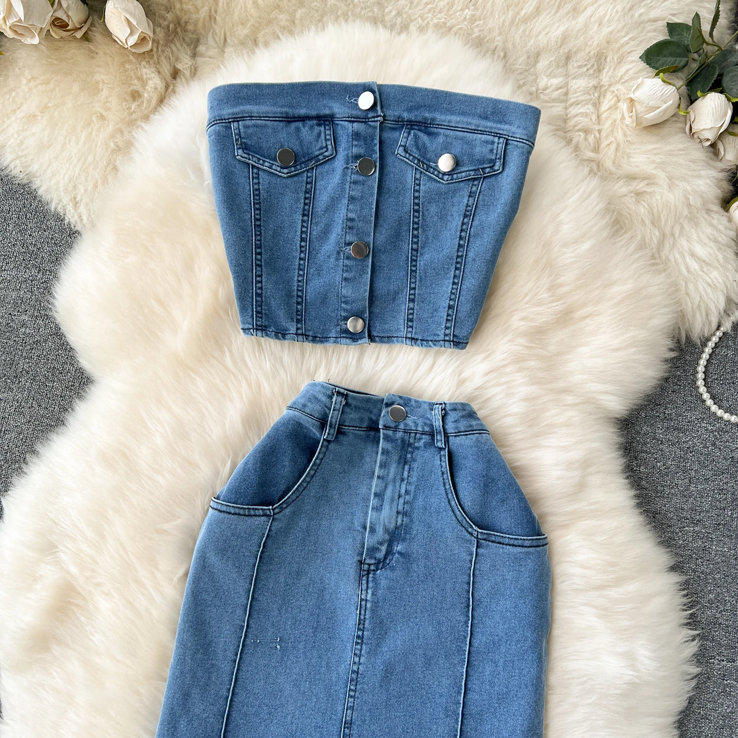 Denim Skirt Sets Women 2 Piece Suit Strapless Top Long Skirts Outfits Sleeveless Washed Single Breasted Summer 2025 Ensemble