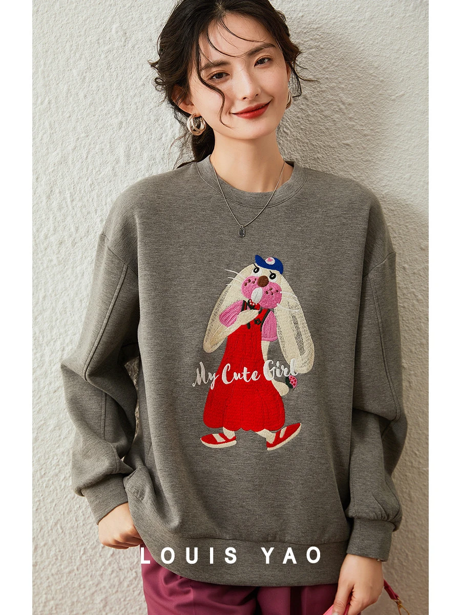 LOUIS YAO Women Sweatshirt 2024 Spring New Hoodies Pullover Round Neck Long Sleeve Embroider Rabbit Loose Cute Casual Tops