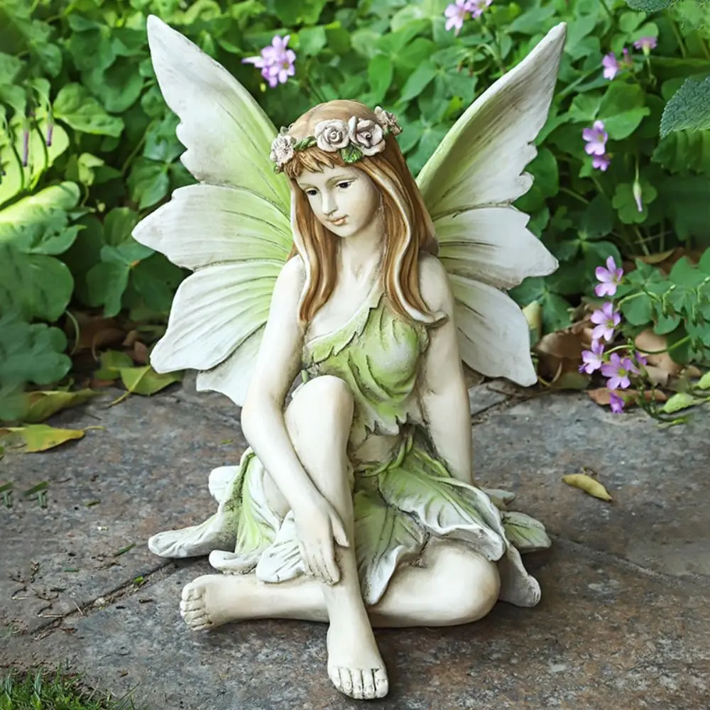 

Fairy Statue Resin Sitting Flower Fairy Figurines Ornament Peaceful Prayer Angel Girl Elf Sculpture Retro Home Garden Decor