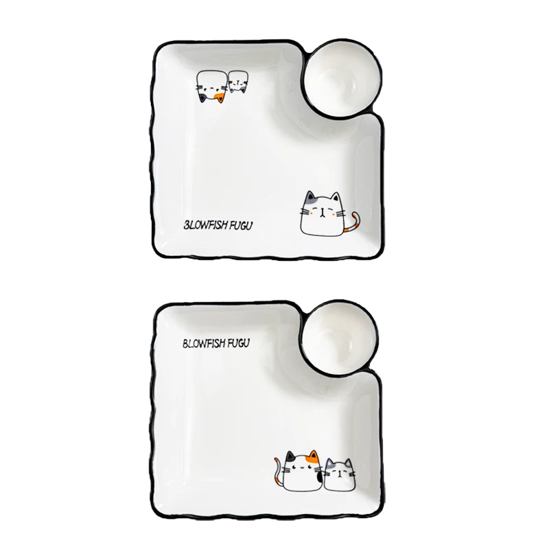 Simple White Dumpling Plate Cat Pattern Sushi Sharing Plate Cartoon Ceramic Plate 2 P/4P, 2 plates/plates sharing plates