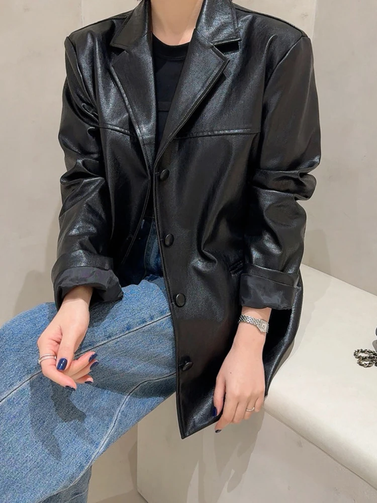 SHENGPALAE Fashion Loose PU Leather Jacket Long Sleeve Lapel Single Breasted Lady Medium Suede Coat 2025 Spring New Tide 5G193