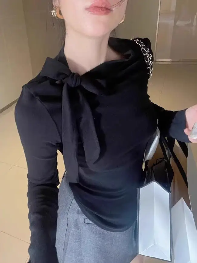 T-shirt a maniche lunghe da donna con volant in cotone Top slim fit leggero primaverile femminile elegante all'aperto naturale stile quotidiano bohémien