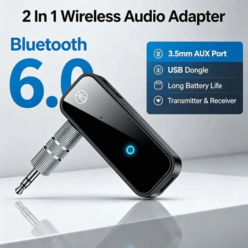 2 In 1 Bluetooth 6.0 Transmitter Receiver 3.5mm AUX Wireless Audio Adapter USB Charging For Car TV Speaker Stereo Headphones