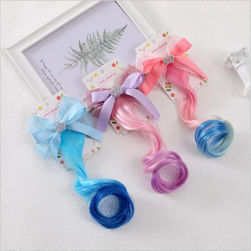 Glitter Candy Color Wig Ponytail for Girl Sweet Princess Shiny Bow Wig Braided Hairpin Cute Kids Hair Styling Headwear