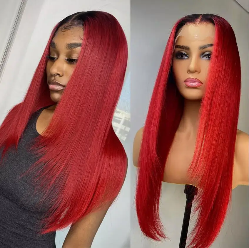 Lace Front Wig Natural Heat Resistant Hair Long Straight Red black root