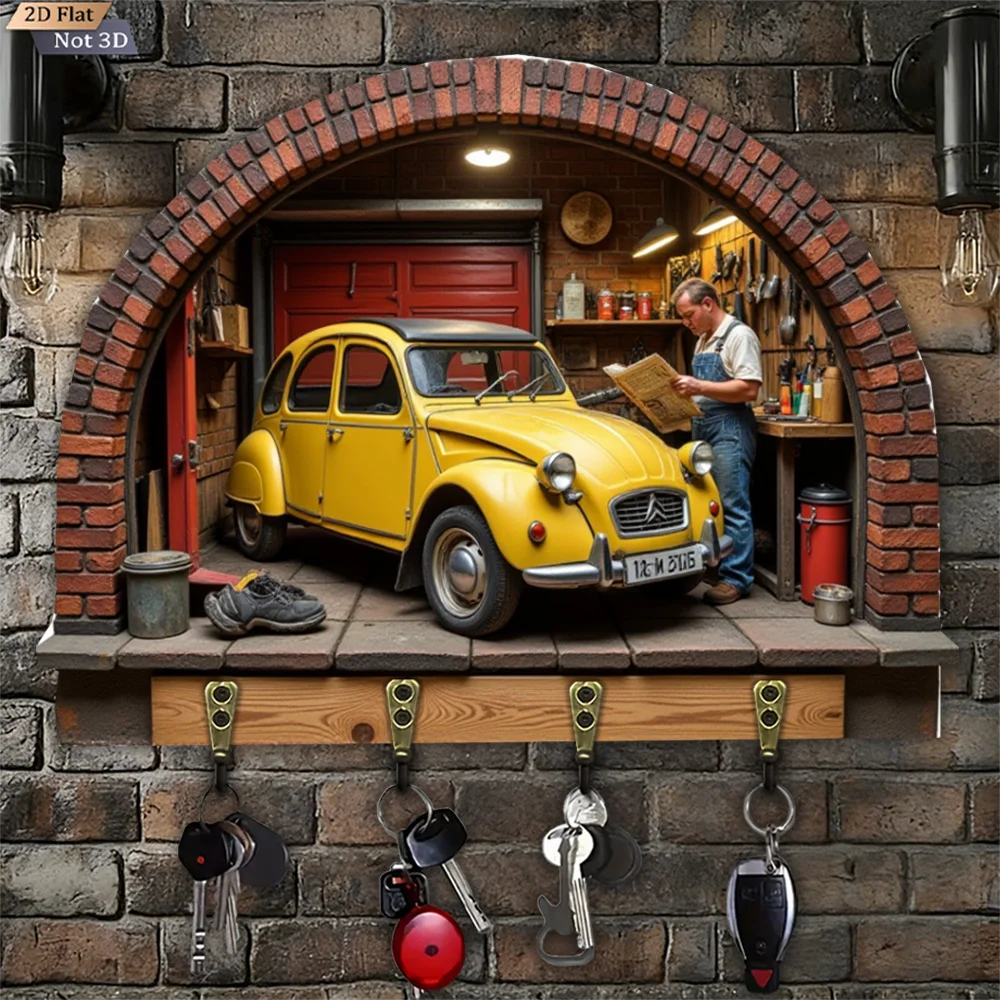 2D Flat, 1pc, Garage Key Hook, Wooden Multi-Functional Home Key Hook with Four Metal Hooks, Wall Decoration, Porch Decoration,