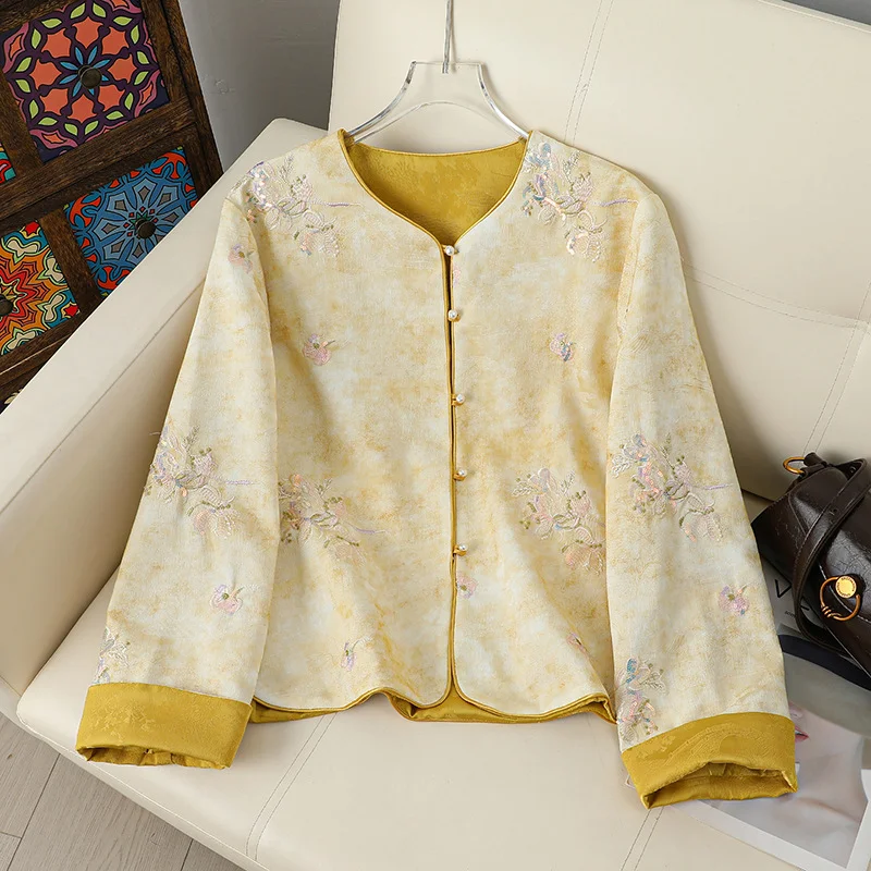 Embroidery Women Patch Work Long Sleeve Qipao Tops Embroidery Round Collar Chinese Style Clothes Tdouble-Sided Wearable Blouse