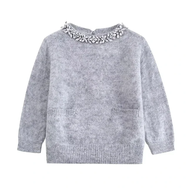 

New Fashion Retro O-Neck Casual Long-Sleeved Pullover Jewelry-Embellished Neckline Women's Short Sweater Textured Top