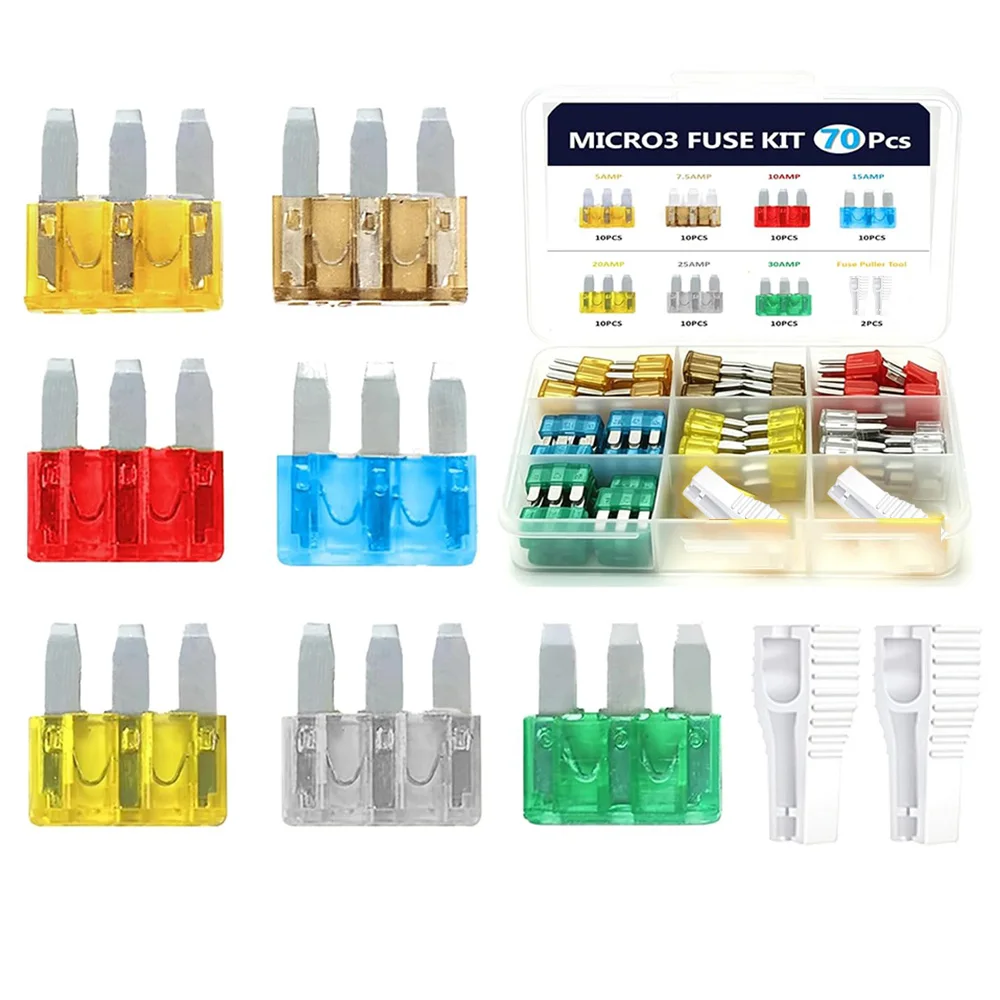 70PCS Micro3 Fuse Assortment, 5A,7.5A,10A,15A,20A,25A,30A 3-Prong Blade Fuses  for Compatible Trucks,SUVs&RVs electrical systems