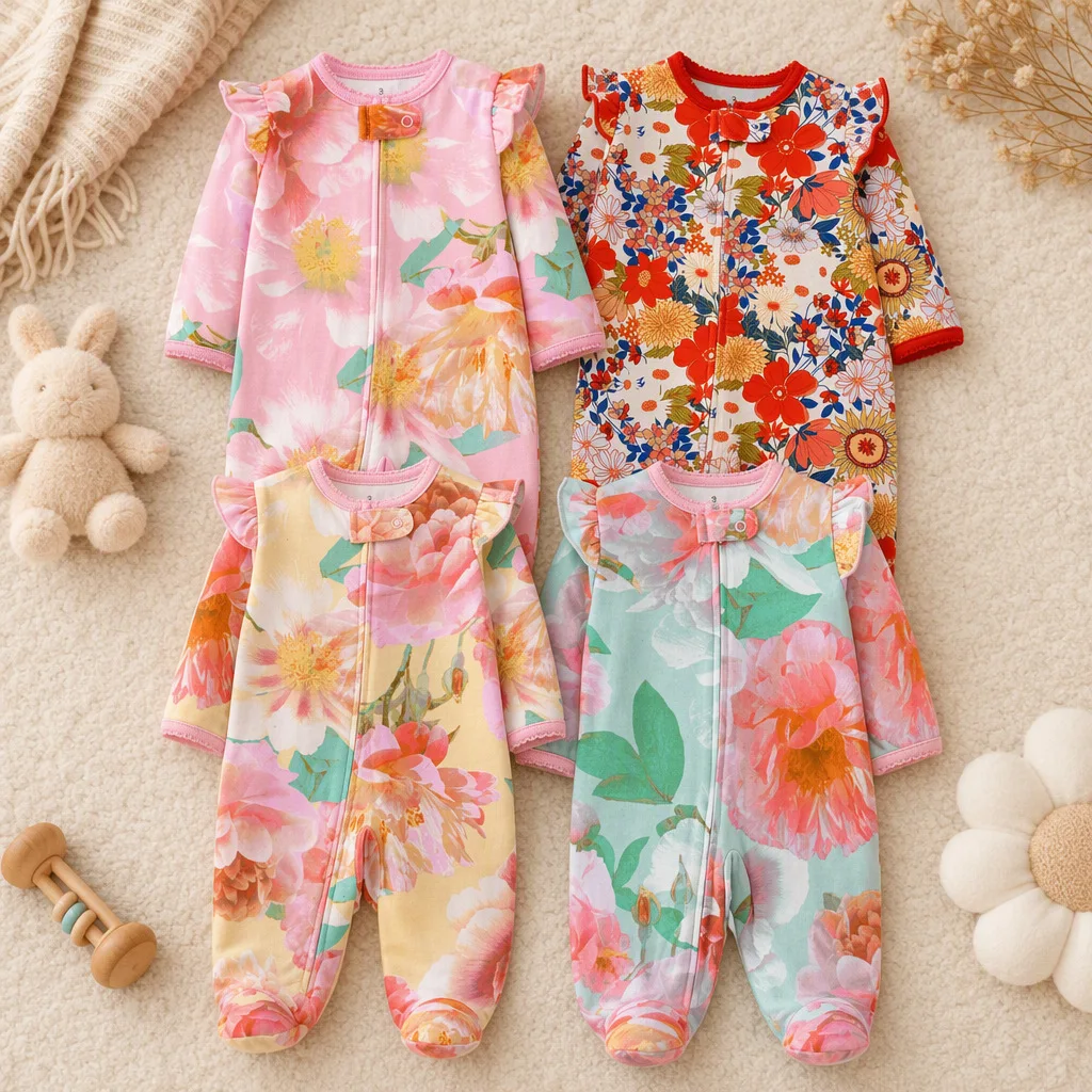 Baby-Strampler aus reiner Baumwolle mit Rüschenärmeln und durchgehendem Aquarell-Blumendruck, Reißverschluss-Body für 3–9 Monate alte Neugeborene Mädchen, für alle Jahreszeiten