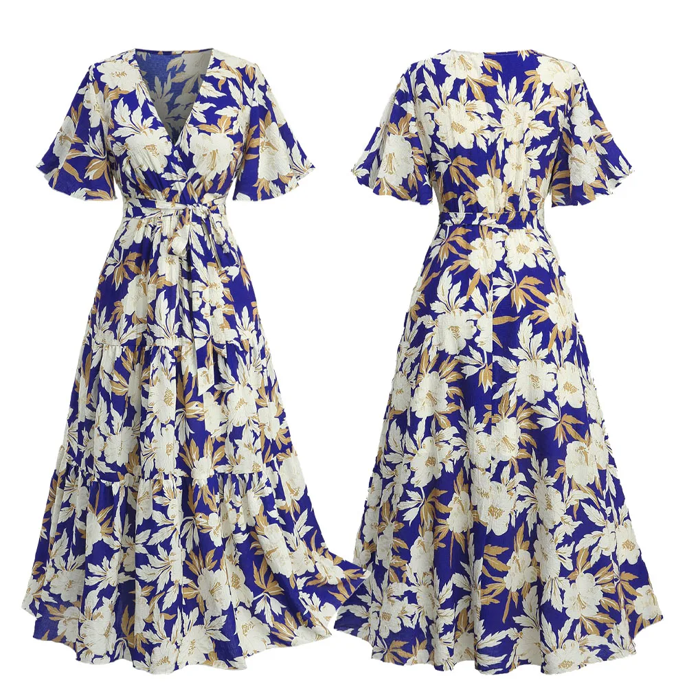 Sukienka midi ROSEGAL Plus Size z kwiatowym wzorem liści, zakładana na klatkę piersiową, z paskiem, elegancka, codzienna sukienka maxi dla kobiet, kolekcja wiosna-lato 2026.