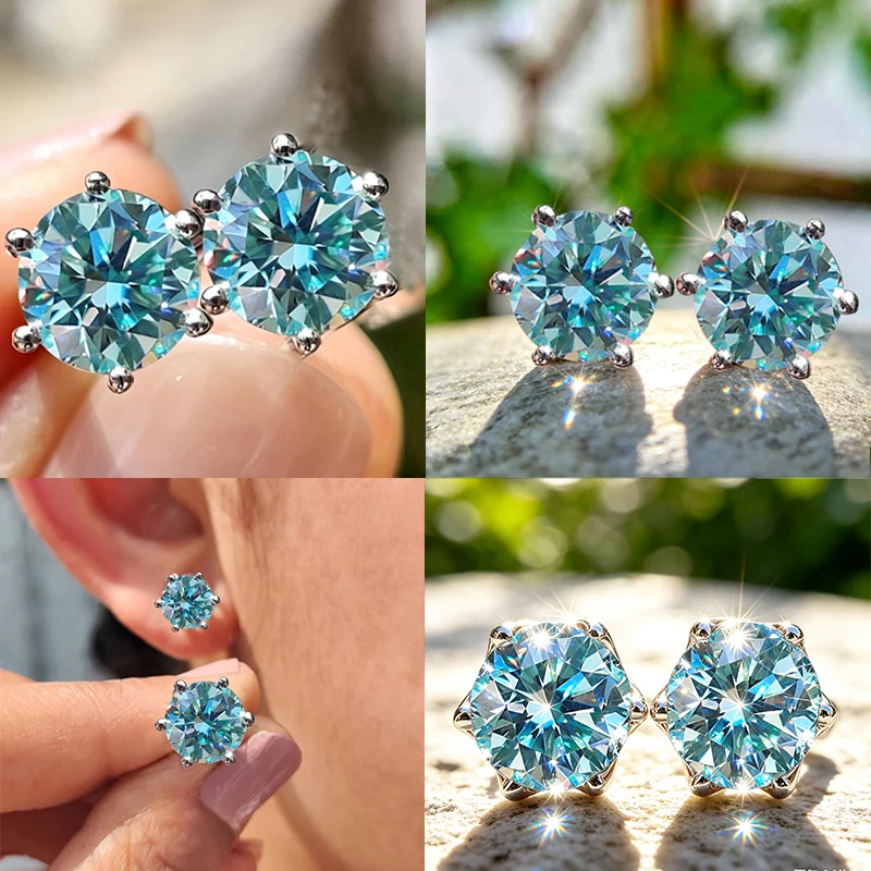 100% moissanite 925 Sterling Silver light blue sye blue 6.5mm round brilliant Cut diamond Gemstone Ear Studs Earrings Jewelry