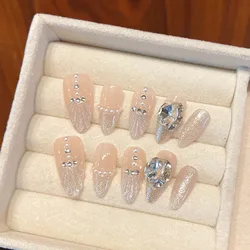 Handmade Press on Nails 3D Crystal Design French Fake Nails Women Girl Wearable Shiny Rhinestone Cat Eye Almond False Nails