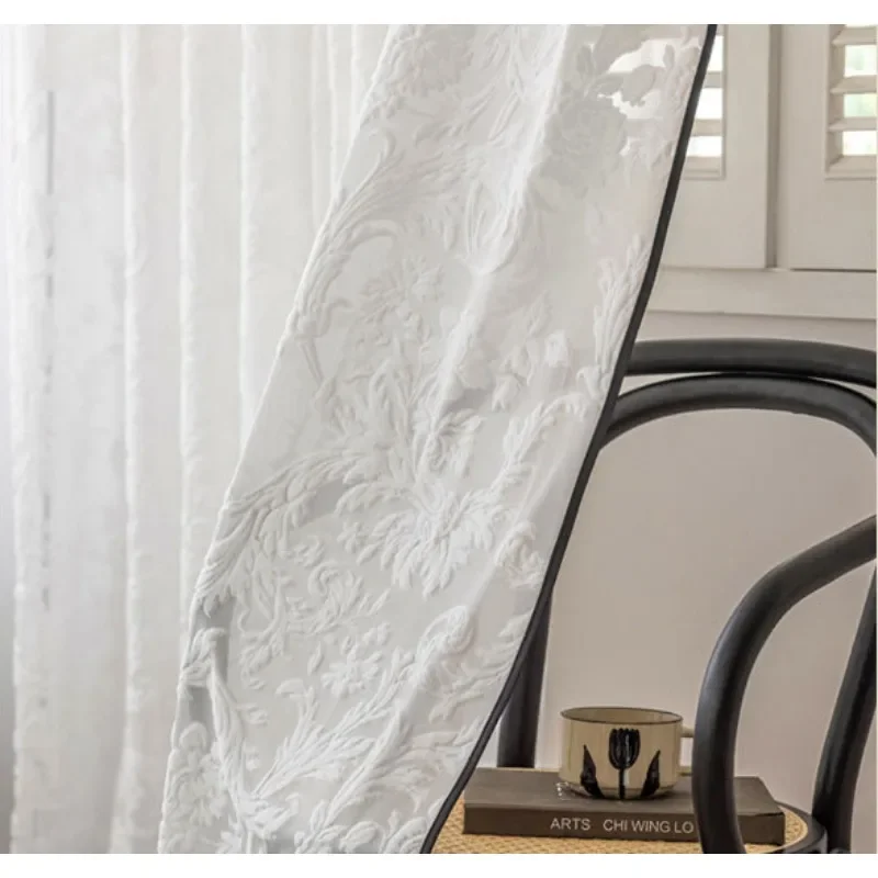 French Black Edge Three-dimensional Relief Embroidered Sheer Curtains for Living Room Bedroom Dining Luxury Blackout White Tulle