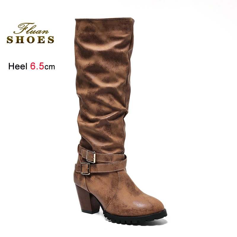 

Ретро сапоги до колена Рыцарские сапоги Женские длинные туфли Ковбойские сапоги в стиле вестерн с пряжкой на ремне Широкий крой с круглым носком 6,5 см на блочном каблуке Botas Mujer