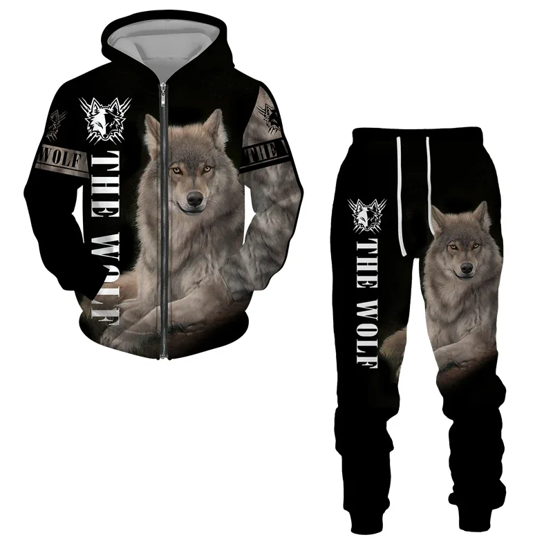 Masculino 3d impresso lobo zíper hoodies terno animal agasalho/calças manga longa casual streetwear oversize outono inverno de alta qualidade