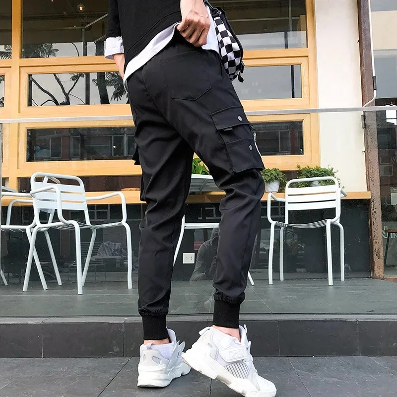 

New men's fitness casual pants fashion brand large size men's solid color multi-pocket bunched feet American tracksuit pants