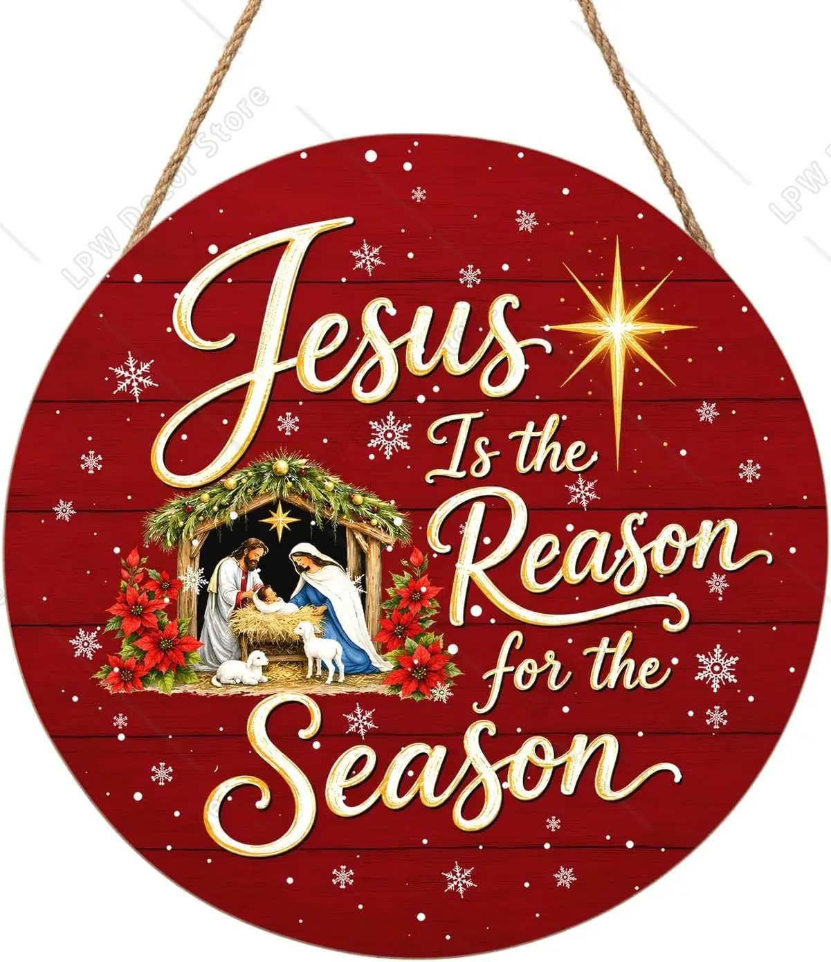 Jesus Christmas Round Wood Sign Jesus Is The Reason For The Season Front Door Hanging Decor, Farmhouse Style Holiday