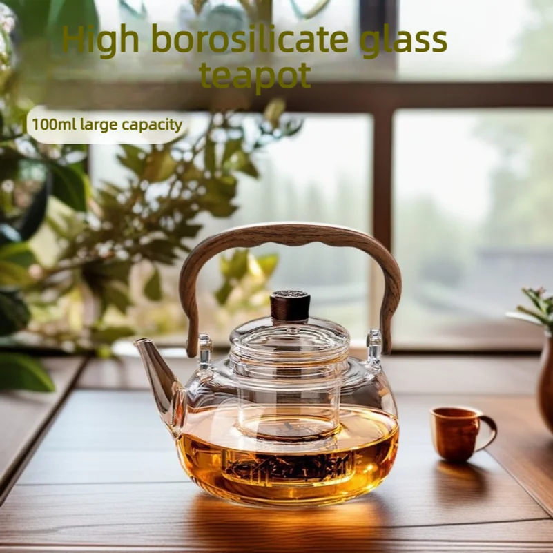 Glass teapot with handle, for boiling water, single teapot, household use, heat-resistant, tea set