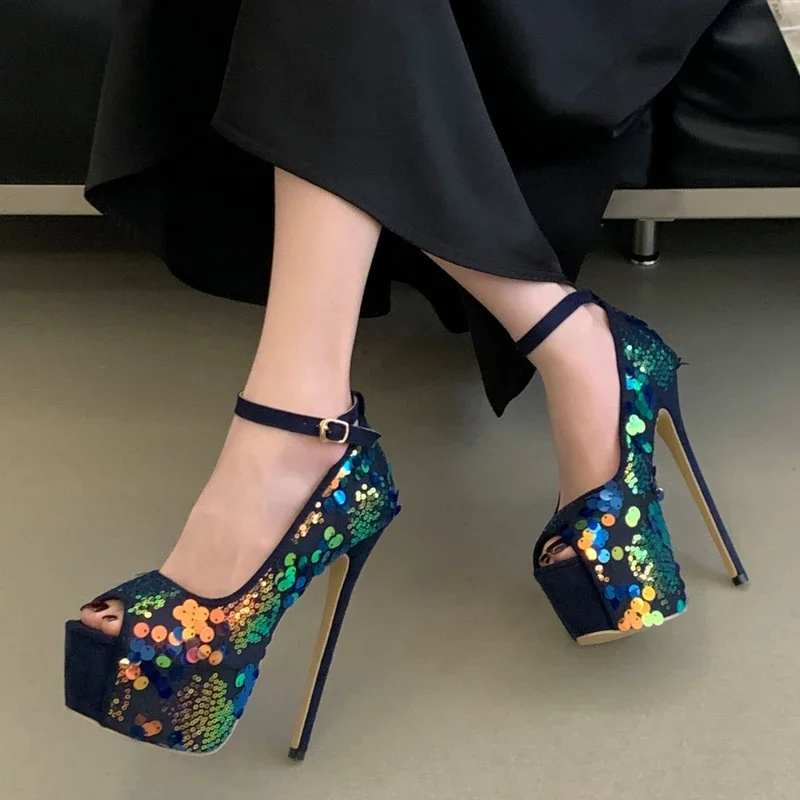 

Сексуальные синие элегантные туфли Aneikeh с блестками, с открытым носком, на очень высоком каблуке, женские туфли-лодочки на платформе для вечеринок, клубов, стриптиза, танцев на пилоне.