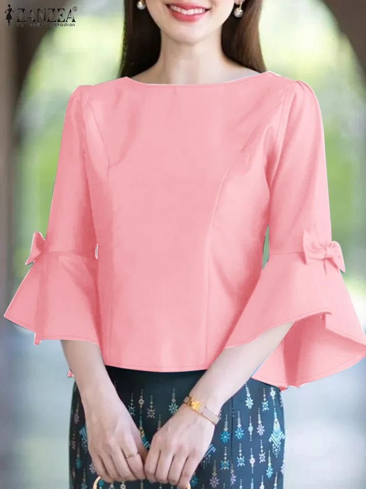 

ZANZEA Elegant Women Bow Detail Blouses 2025 Summer O-Neck 3/4 Flared Sleeve Side-Zipper Blusas Mujer Fashion Commute Solid Tops