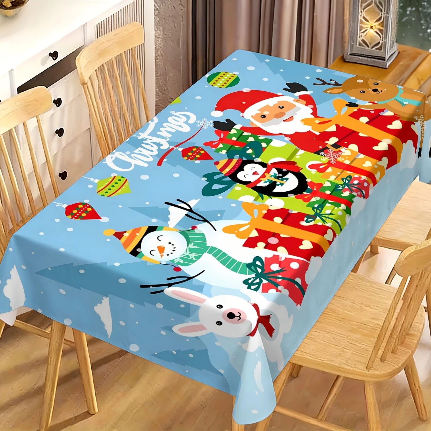 Santa Snowman Animal Xmas Tablecloth, Soft Rectangular Washable Table Cover for Daily Dining & Family Holiday Gathering Decor