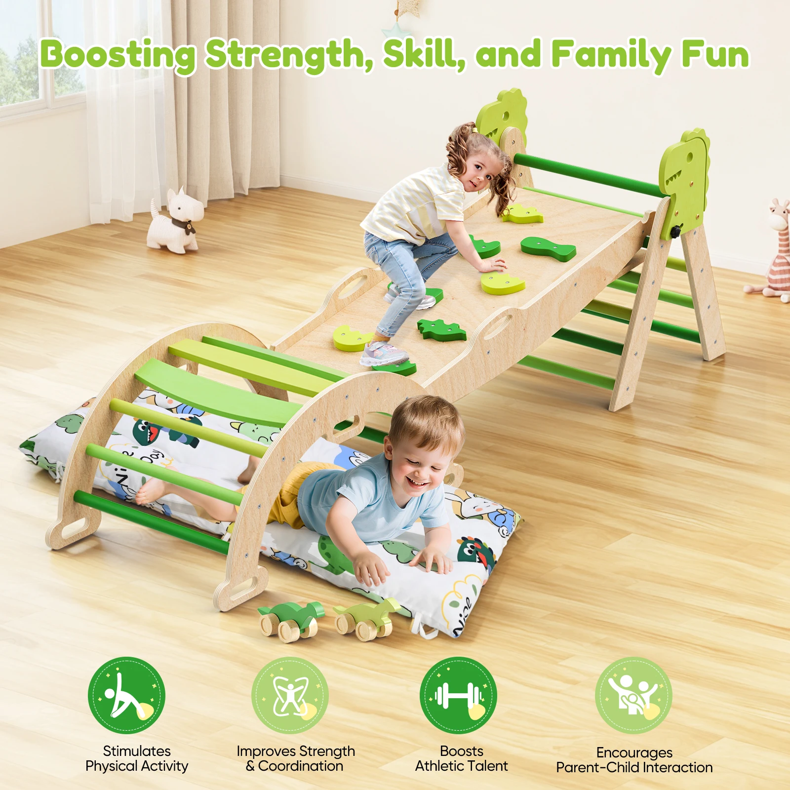9-in-1 Klettergerüst für Kleinkinder, Indoor-Spielplatz, Spielhalle für Kinder, Trainingsgerät, Baby-Holzrutsche, Naturholz, kinderfreundlich