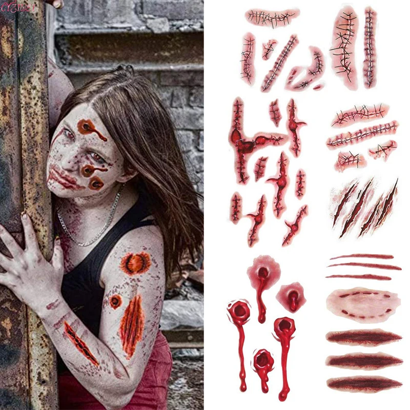 6PCS Halloween Bloody Wound Stitched Scars Tattoo Sticker Convenient Waterproof Temporary Tattoo Sticker Halloween Party Decor