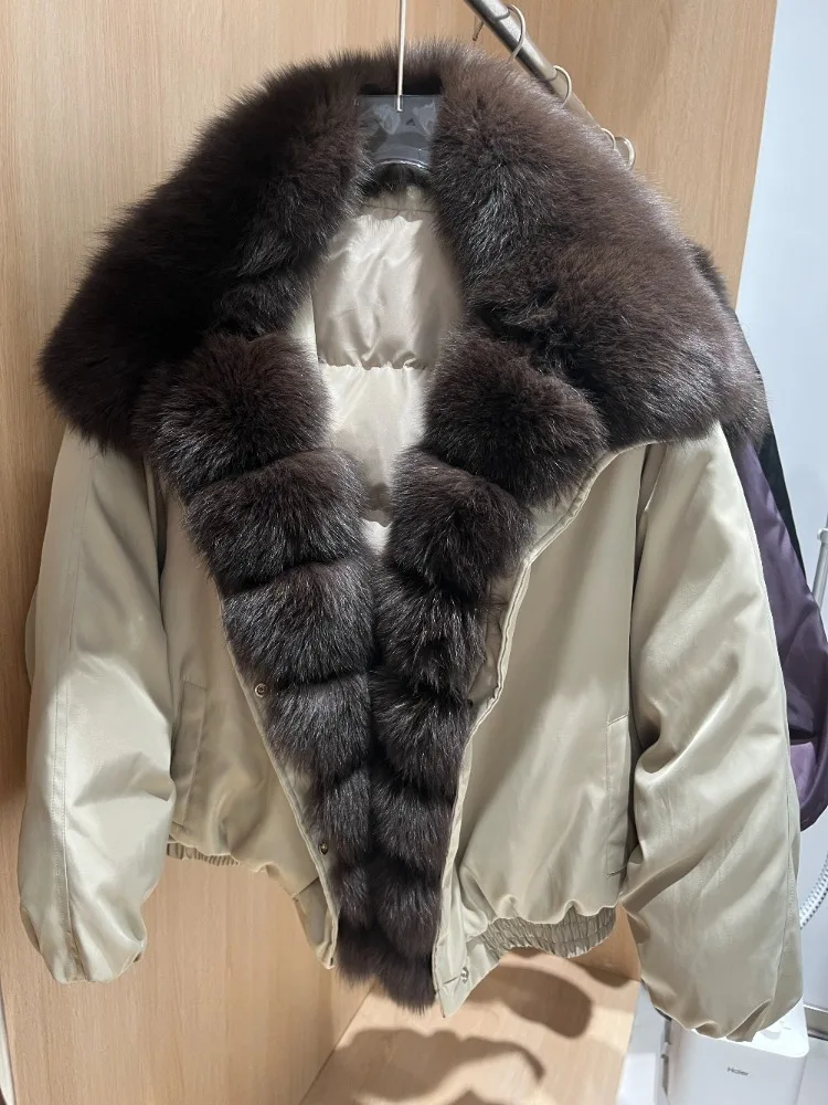 

90% White Duck Down Coat Warm Reality Fur Jacket Winter Women Large Loose Real Fox Fur Collar Puffer Jacket Short Parkas Female