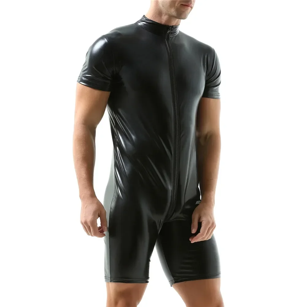 Mens Patent Leather Bodysuit Sexy Zipper Crotch Leotard Short Sleeve Nightclub Jumpsuit Male Dance Clubwear Wrestling Singlet