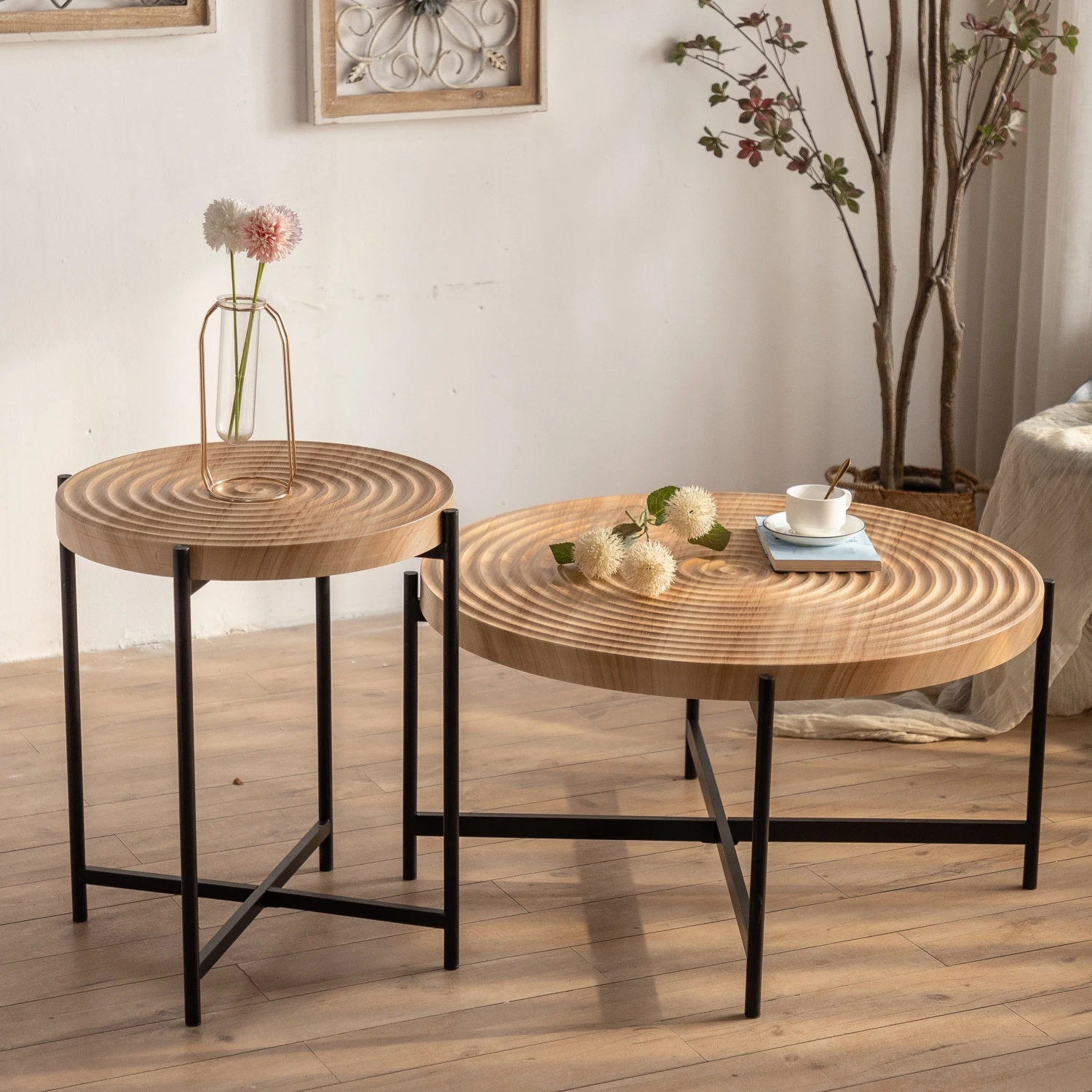 Modern Round Coffee Table, MDF Table Top, Metal Base, Set of 2.