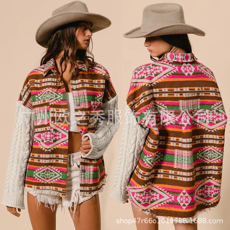 

Vintage Women's Clothing New Hot Items Knitted Sleeves Patchwork Woolen Coat Fabric Ethnic Loose Jackets Comfortable Fashion