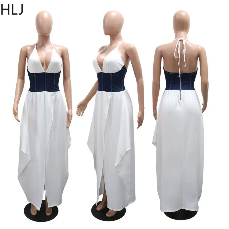 HLJ مثير غير النظامية Ruched المرقعة Bodycon فستان طويل المرأة الرسن العميق الخامس الرقبة عارية الذراعين فستان ماكسي الإناث الشارع الشهير 2025 جديد