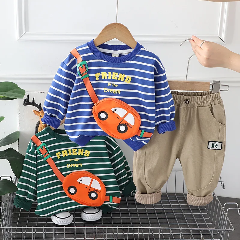 Autumn Children Clothes Baby Boys Casual Suit Striped Cars Sweatshirt Pants 2Pcs/Set Kids Infant Clothing Toddler Tracksuits