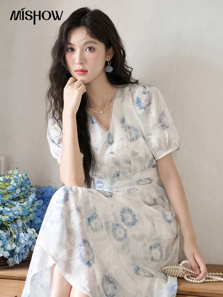 MISHOW 【Taraxacum Series】Chiffon Dress for Women 2023 Summer French Taraxacum Printing V-neck Waist Puff Sleeve Dress MXC39L1555