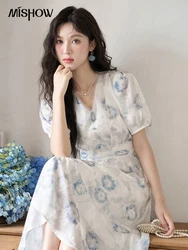 MISHOW 【Taraxacum Series】Chiffon Dress for Women 2023 Summer French Taraxacum Printing V-neck Waist Puff Sleeve Dress MXC39L1555