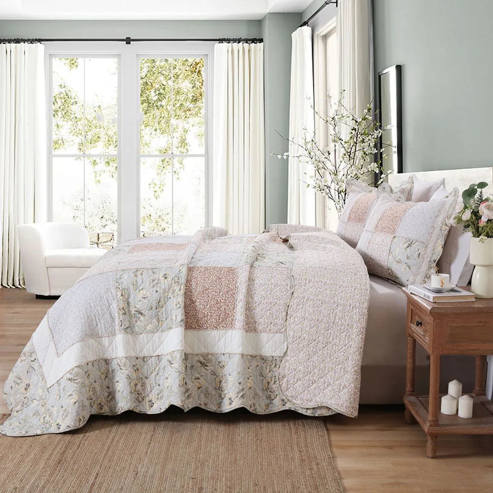 

Vintage Farmhouse Cotton Reversible Quilt Set, 3Pc Lightweight Summer Patchwork Bedspread, Breathable Coverlet for Country Decor