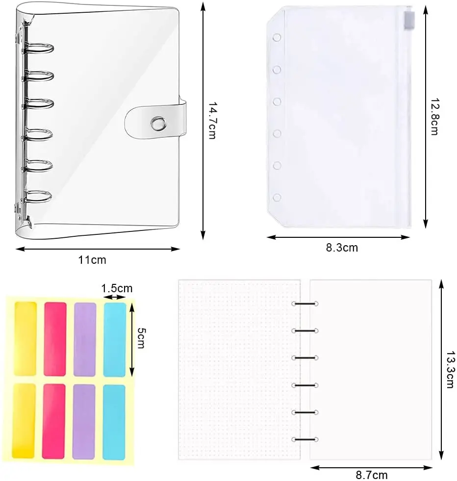 A7 Clear Soft PVC  Refillable Notebook Cover Mini Journal Binder, with 80 Paper Inserts, 2 Zipper Binder Pockets,Label Stickers
