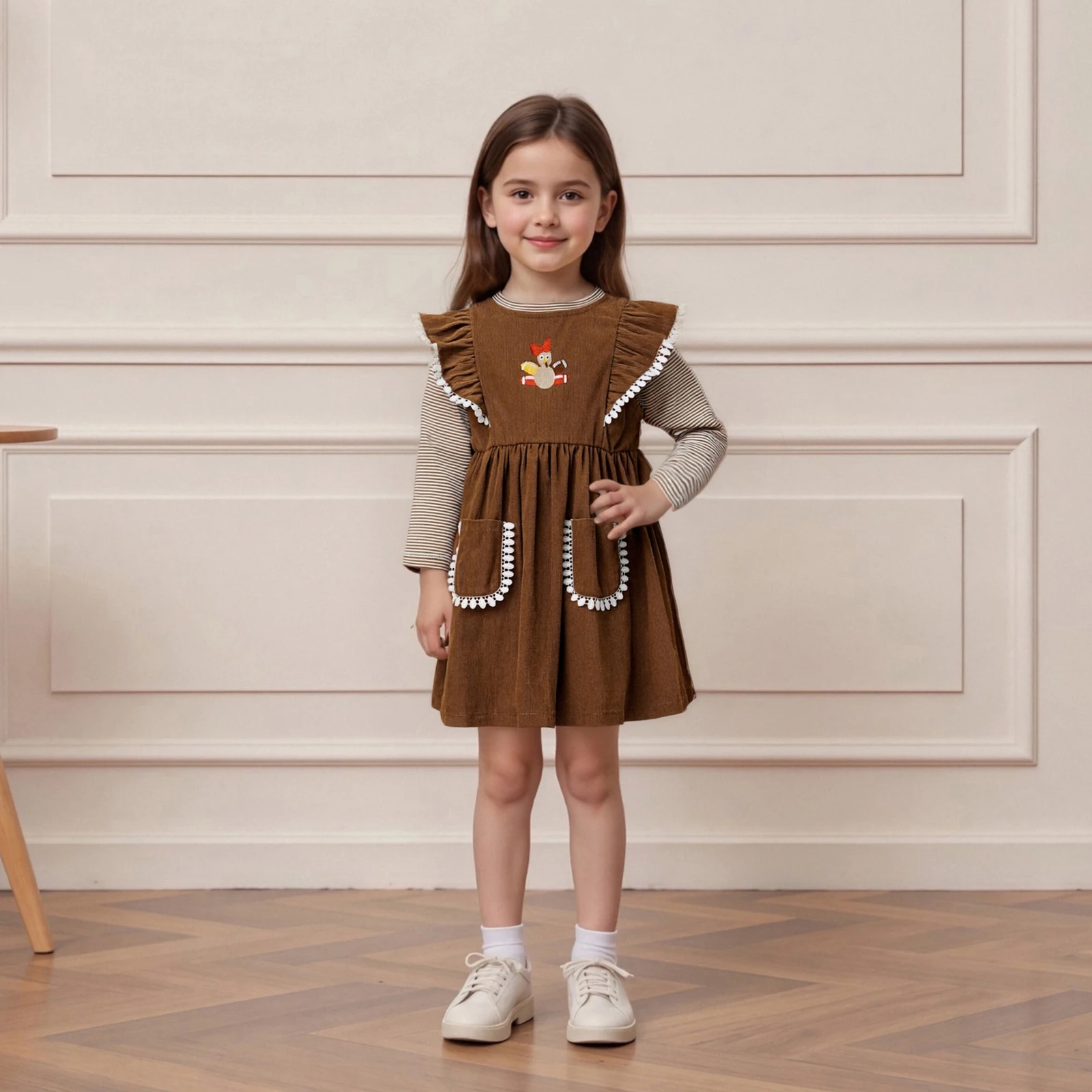 طقم ملابس للفتيات الصغيرات بأكمام طويلة وقمصان مخططة مع فستان بدون أكمام مطرز تركيا لعيد الشكر مكون من قطعتين #4