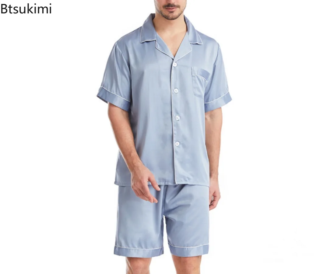 2024 Men's Summer Pajama Sets Short Sleeve Lapel Tops and Shorts Sets Homewear Two Pieces Men Simple Solid Lounge Sleepwear Sets