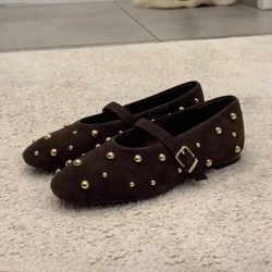 Women's Elegant Dark Brown Faux Suede Round Toe Mary Jane Flats with Gold Metal Studs Buckle Strap Casual Dress Summer Shoes