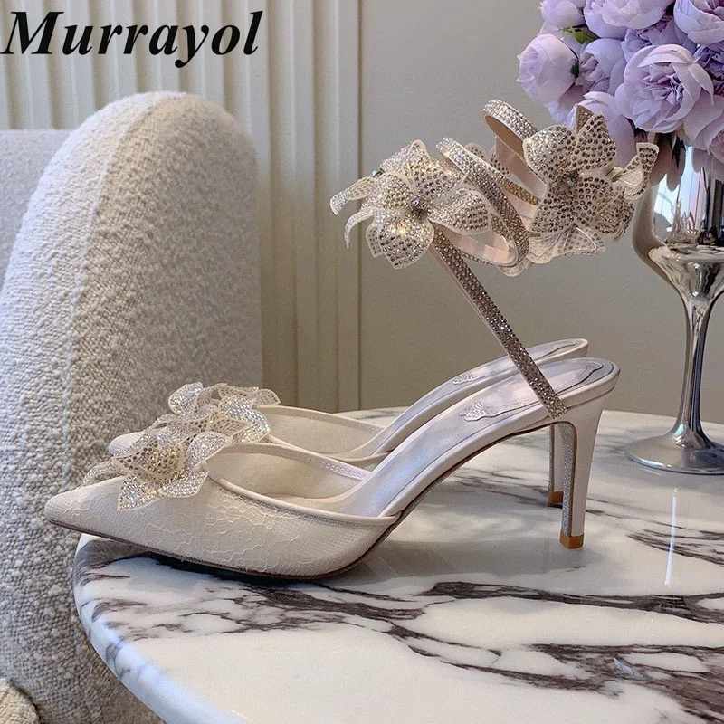 Pumps Rhinestone Snake Shaped Elastic Strap Sandals Women Pointed Toe Mesh Thin High Heels Sandalias Mujer Summer Party Shoes
