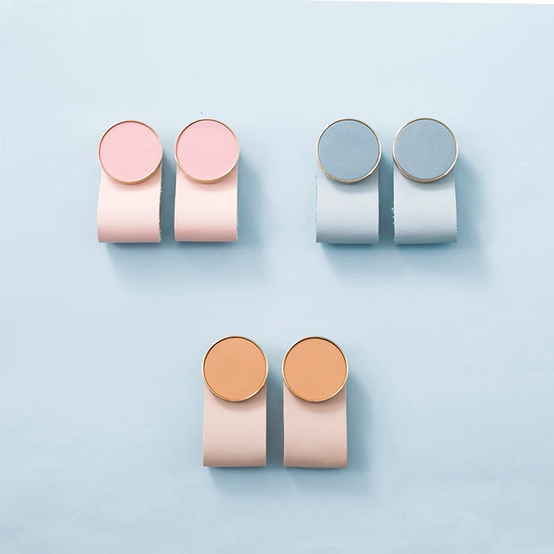 1 PC Leather + Brass Cabinet Handles Colorful Drawer Knobs for Children's Room Bedroom Wardrobe Pulls Modern Furniture Hardware