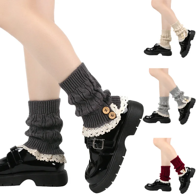 Japanese Style Loose Button Sock Covers Lace Trim Short New Knitted Fashion Short Boot Covers Cross-Border Woolen Leg Warmers
