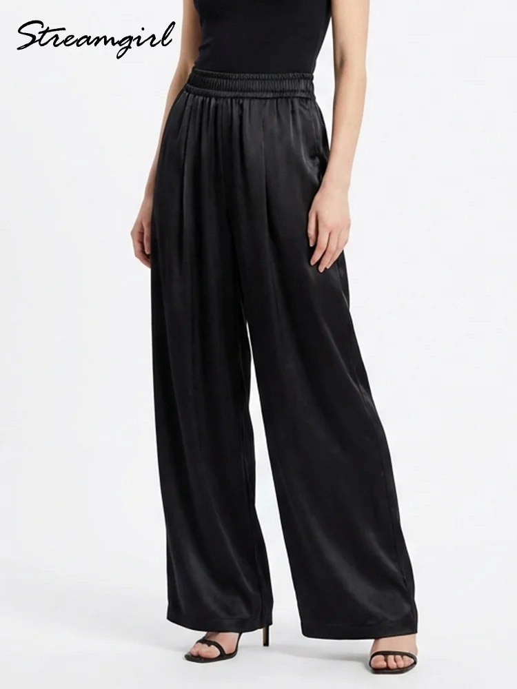 Luxury Wide Leg Satin Pants For Women Trousers With Pockets Black Women's Pants And Trousers Brown High Waist Baggy For Ladies image 5